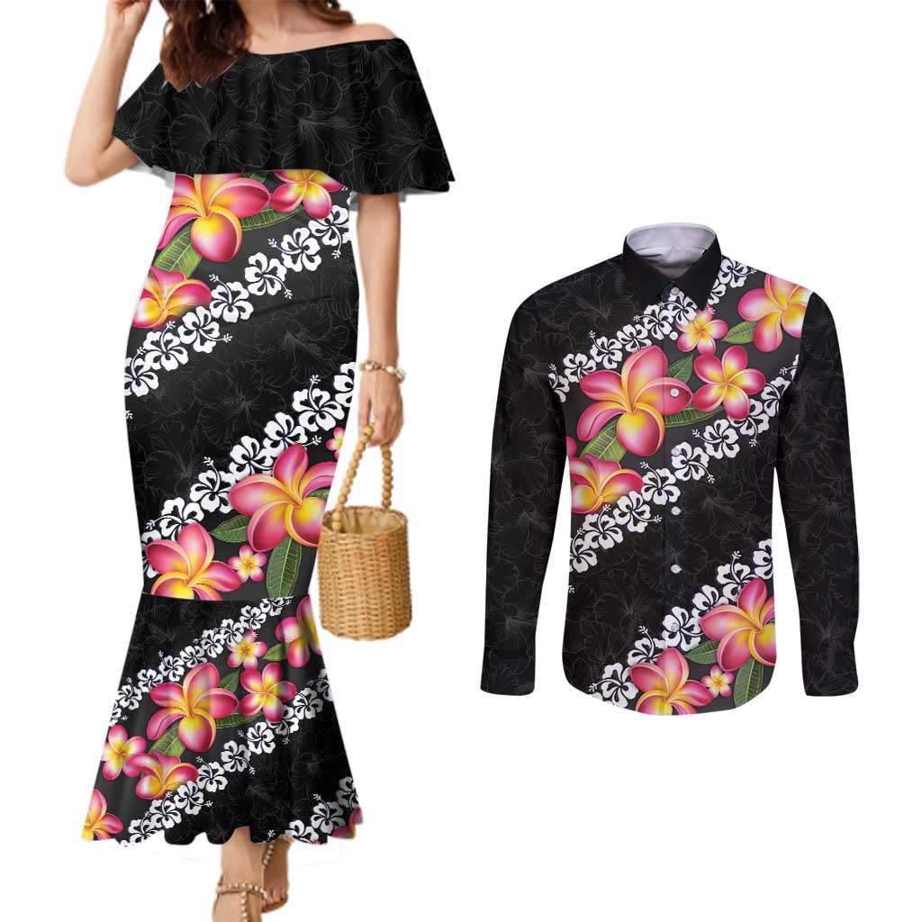 Black Polynesia Couples Matching Mermaid Dress and Long Sleeve Button Shirt Plumeria With Hibiscus Pattern Tropical Vibes LT14 Black - Polynesian Pride