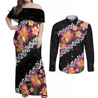 Black Polynesia Couples Matching Off Shoulder Maxi Dress and Long Sleeve Button Shirt Plumeria With Hibiscus Pattern Tropical Vibes LT14 Black - Polynesian Pride