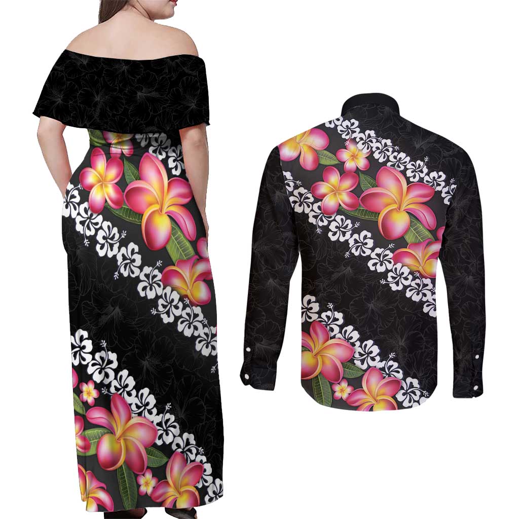 Black Polynesia Couples Matching Off Shoulder Maxi Dress and Long Sleeve Button Shirt Plumeria With Hibiscus Pattern Tropical Vibes LT14 - Polynesian Pride