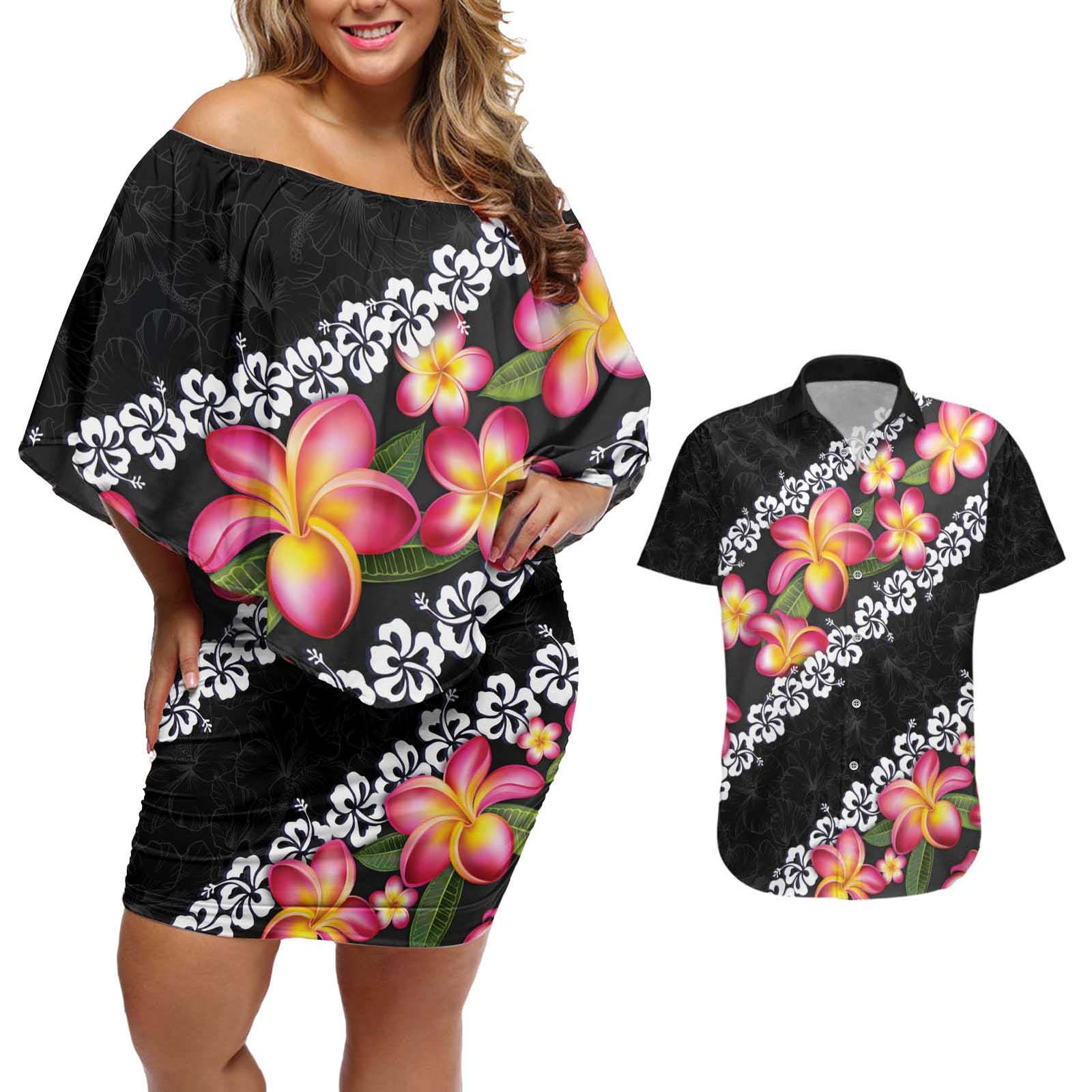 Black Polynesia Couples Matching Off Shoulder Short Dress and Hawaiian Shirt Plumeria With Hibiscus Pattern Tropical Vibes LT14 Black - Polynesian Pride