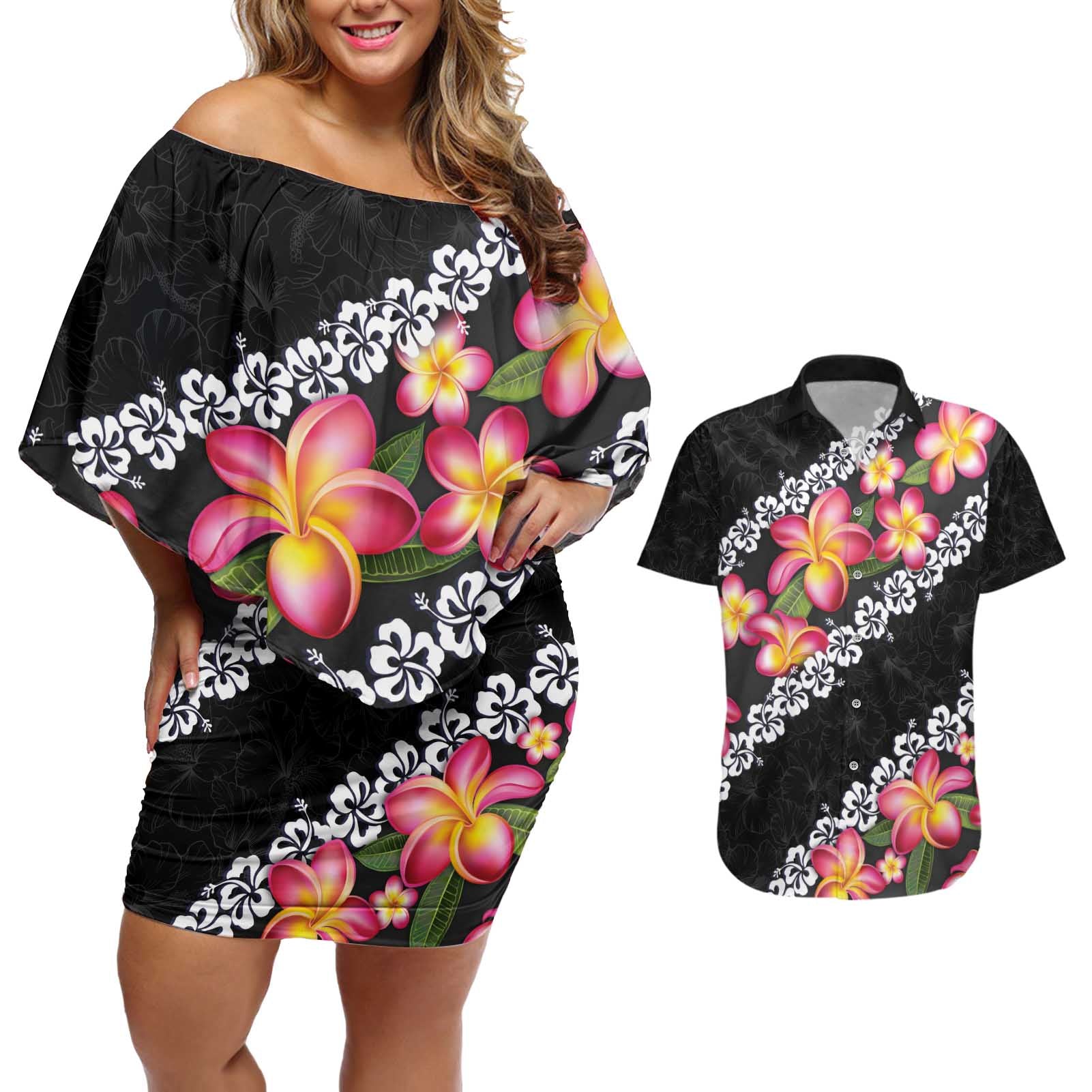 Black Polynesia Couples Matching Off Shoulder Short Dress and Hawaiian Shirt Plumeria With Hibiscus Pattern Tropical Vibes