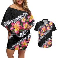 Black Polynesia Couples Matching Off Shoulder Short Dress and Hawaiian Shirt Plumeria With Hibiscus Pattern Tropical Vibes LT14 Black - Polynesian Pride