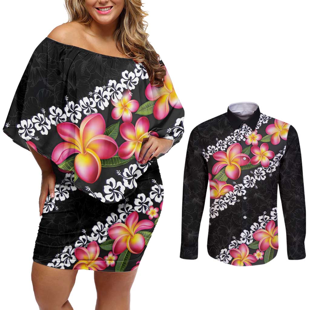 Black Polynesia Couples Matching Off Shoulder Short Dress and Long Sleeve Button Shirt Plumeria With Hibiscus Pattern Tropical Vibes LT14 Black - Polynesian Pride
