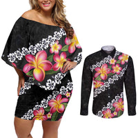Black Polynesia Couples Matching Off Shoulder Short Dress and Long Sleeve Button Shirt Plumeria With Hibiscus Pattern Tropical Vibes LT14 Black - Polynesian Pride
