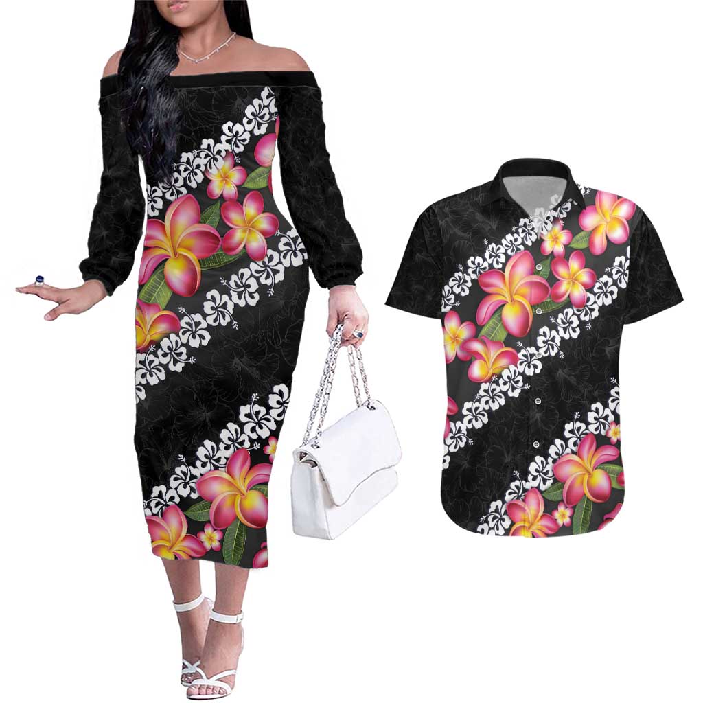 Black Polynesia Couples Matching Off The Shoulder Long Sleeve Dress and Hawaiian Shirt Plumeria With Hibiscus Pattern Tropical Vibes