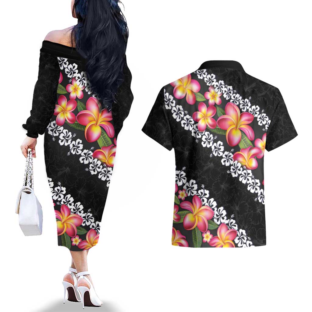 Black Polynesia Couples Matching Off The Shoulder Long Sleeve Dress and Hawaiian Shirt Plumeria With Hibiscus Pattern Tropical Vibes LT14 - Polynesian Pride