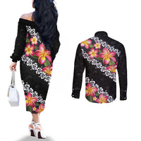 Black Polynesia Couples Matching Off The Shoulder Long Sleeve Dress and Long Sleeve Button Shirt Plumeria With Hibiscus Pattern Tropical Vibes LT14 - Polynesian Pride