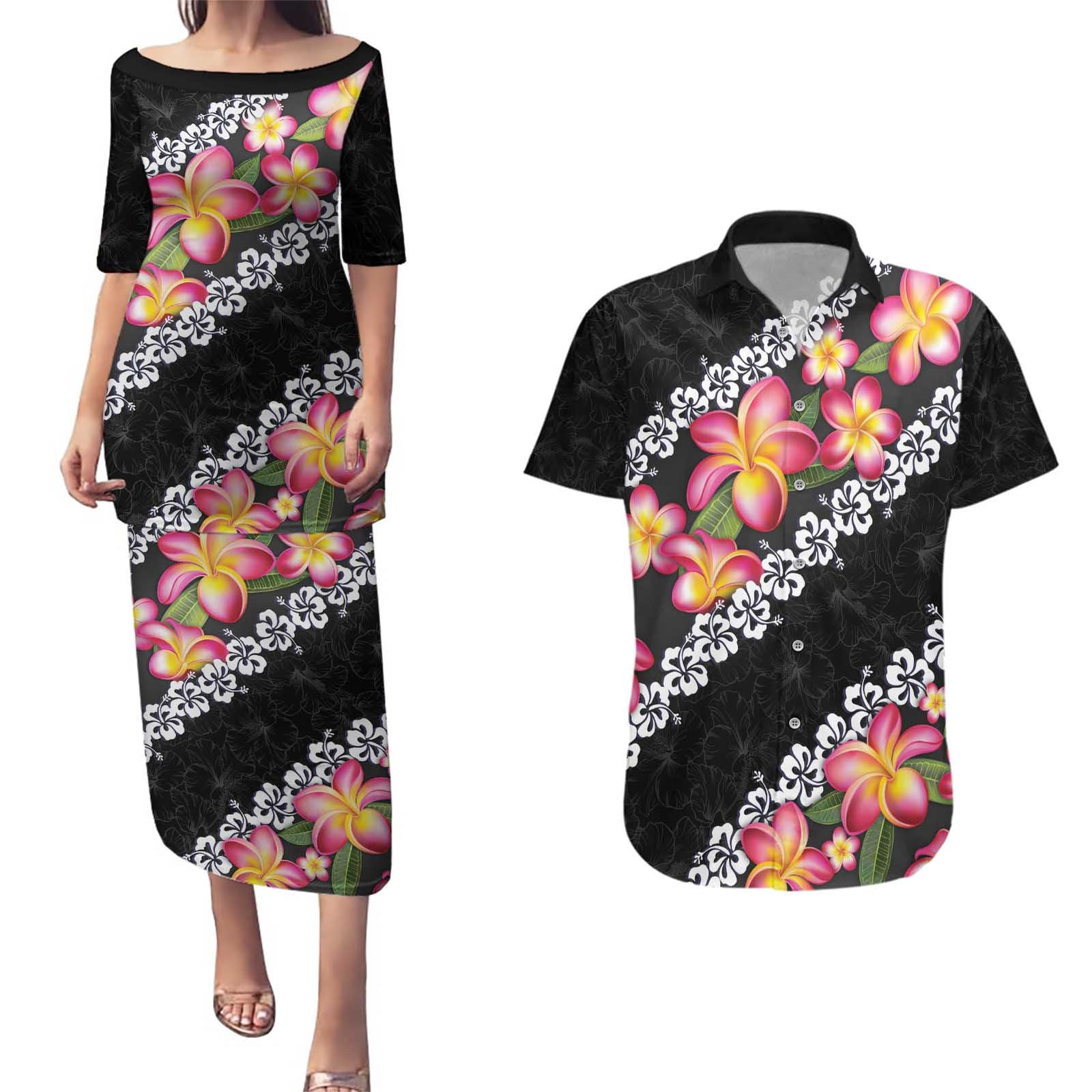Black Polynesia Couples Matching Puletasi and Hawaiian Shirt Plumeria With Hibiscus Pattern Tropical Vibes LT14 Black - Polynesian Pride