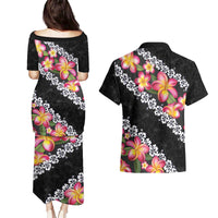 Black Polynesia Couples Matching Puletasi and Hawaiian Shirt Plumeria With Hibiscus Pattern Tropical Vibes LT14 - Polynesian Pride