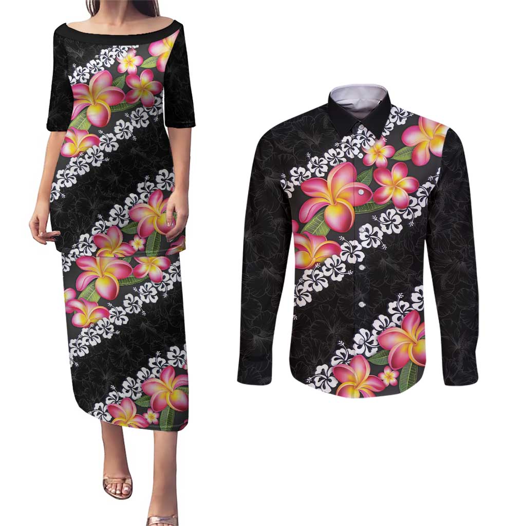 Black Polynesia Couples Matching Puletasi and Long Sleeve Button Shirt Plumeria With Hibiscus Pattern Tropical Vibes LT14 Black - Polynesian Pride
