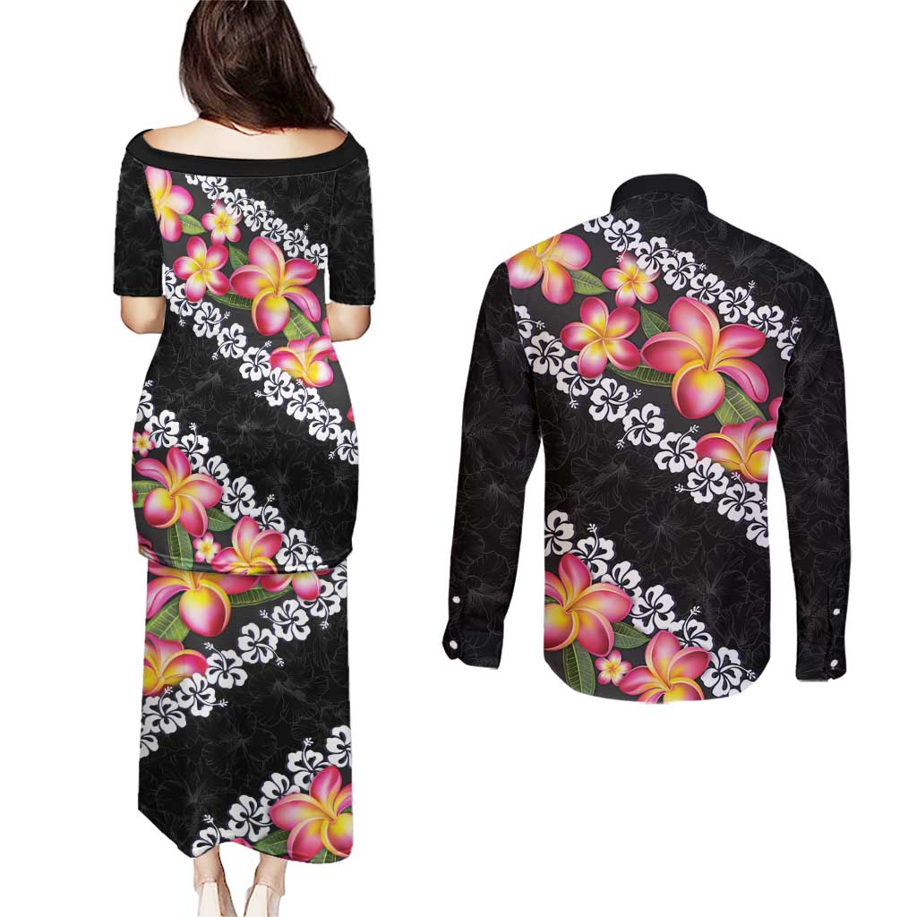 Black Polynesia Couples Matching Puletasi and Long Sleeve Button Shirt Plumeria With Hibiscus Pattern Tropical Vibes LT14 - Polynesian Pride