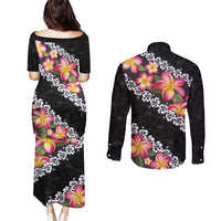Black Polynesia Couples Matching Puletasi and Long Sleeve Button Shirt Plumeria With Hibiscus Pattern Tropical Vibes LT14 - Polynesian Pride