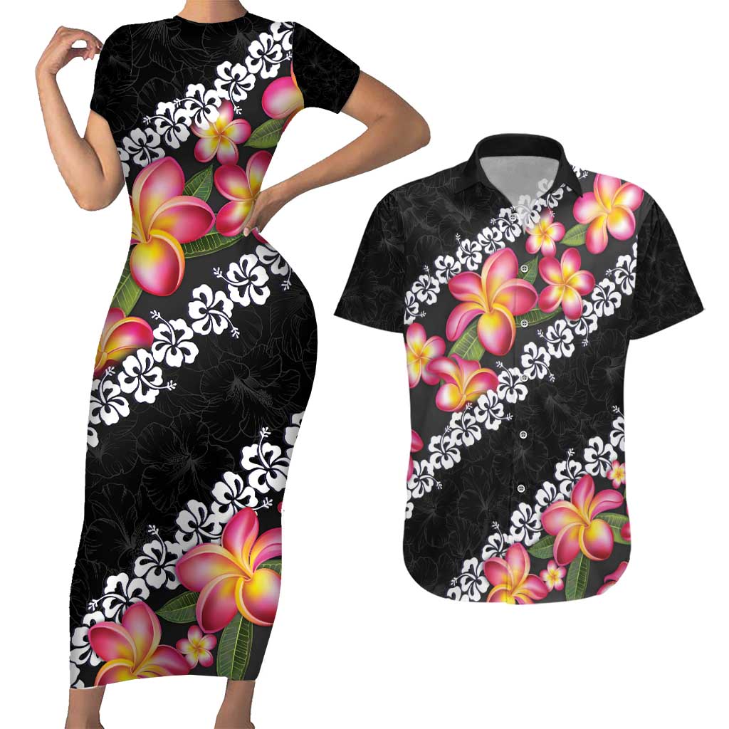Black Polynesia Couples Matching Short Sleeve Bodycon Dress and Hawaiian Shirt Plumeria With Hibiscus Pattern Tropical Vibes LT14 Black - Polynesian Pride