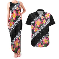 Black Polynesia Couples Matching Tank Maxi Dress and Hawaiian Shirt Plumeria With Hibiscus Pattern Tropical Vibes LT14 Black - Polynesian Pride