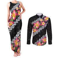 Black Polynesia Couples Matching Tank Maxi Dress and Long Sleeve Button Shirt Plumeria With Hibiscus Pattern Tropical Vibes LT14 Black - Polynesian Pride