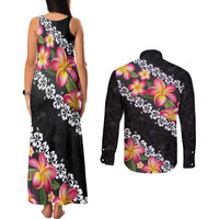 Black Polynesia Couples Matching Tank Maxi Dress and Long Sleeve Button Shirt Plumeria With Hibiscus Pattern Tropical Vibes LT14 - Polynesian Pride