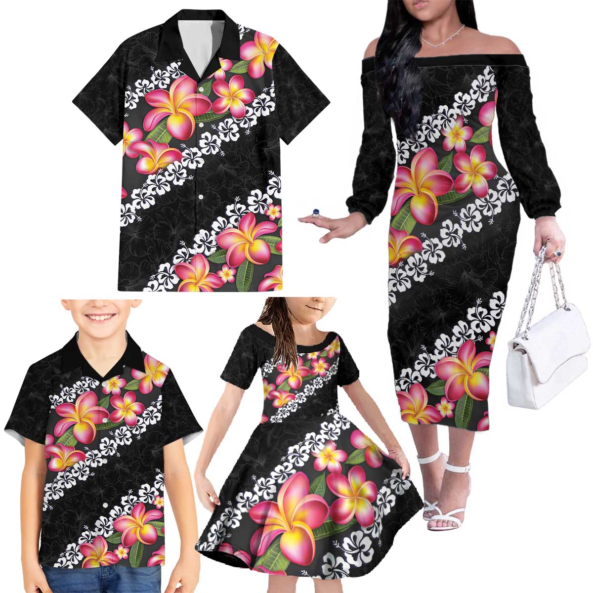 Black Polynesia Family Matching Off The Shoulder Long Sleeve Dress and Hawaiian Shirt Plumeria With Hibiscus Pattern Tropical Vibes