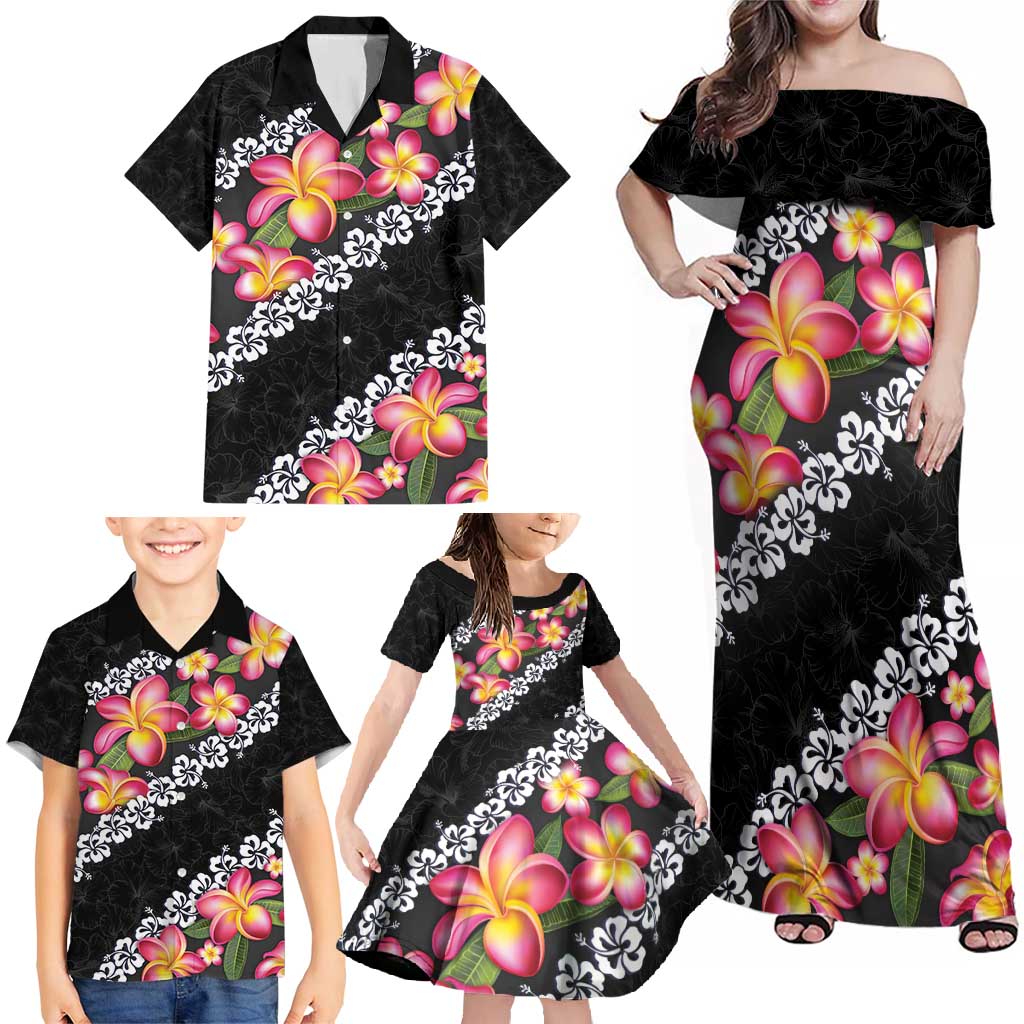 Black Polynesia Family Matching Off Shoulder Maxi Dress and Hawaiian Shirt Plumeria With Hibiscus Pattern Tropical Vibes