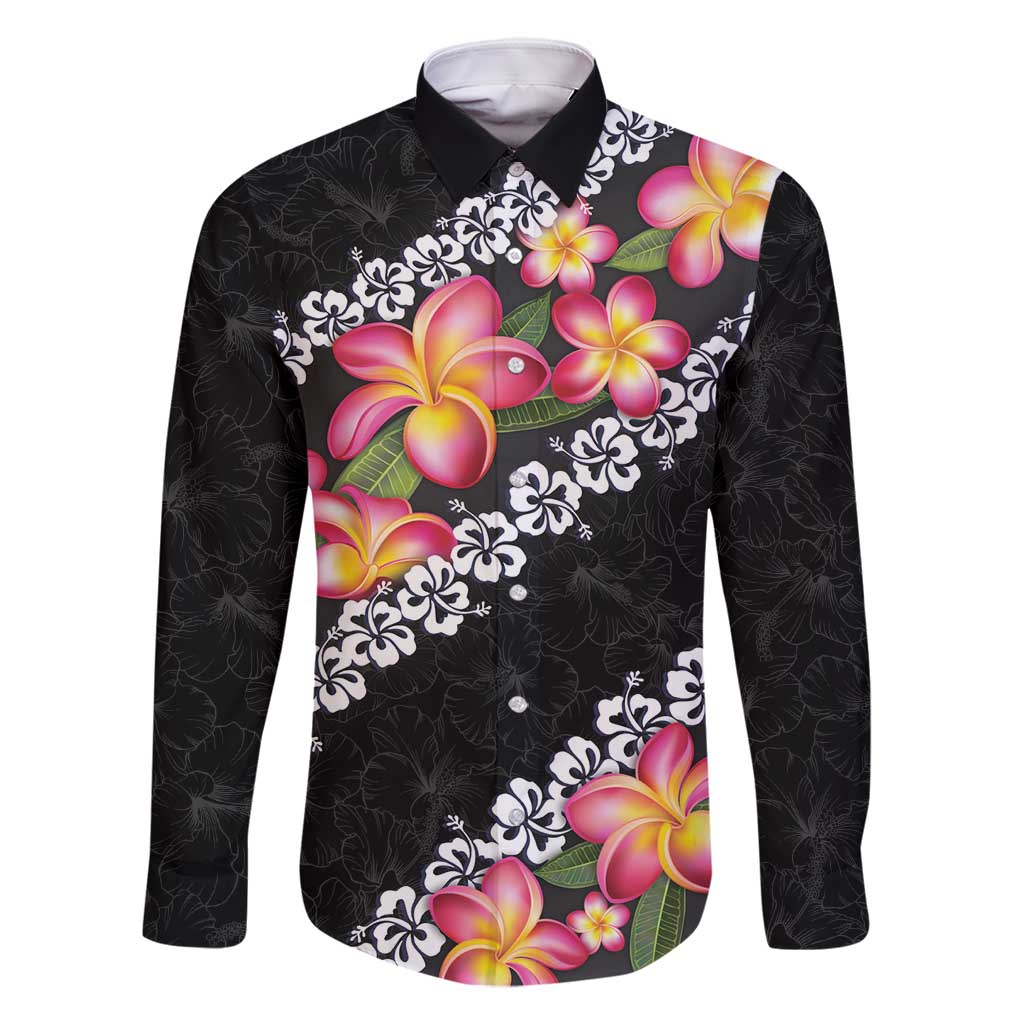 Black Polynesia Family Matching Off Shoulder Maxi Dress and Hawaiian Shirt Plumeria With Hibiscus Pattern Tropical Vibes LT14 Dad's Shirt - Long Sleeve Black - Polynesian Pride