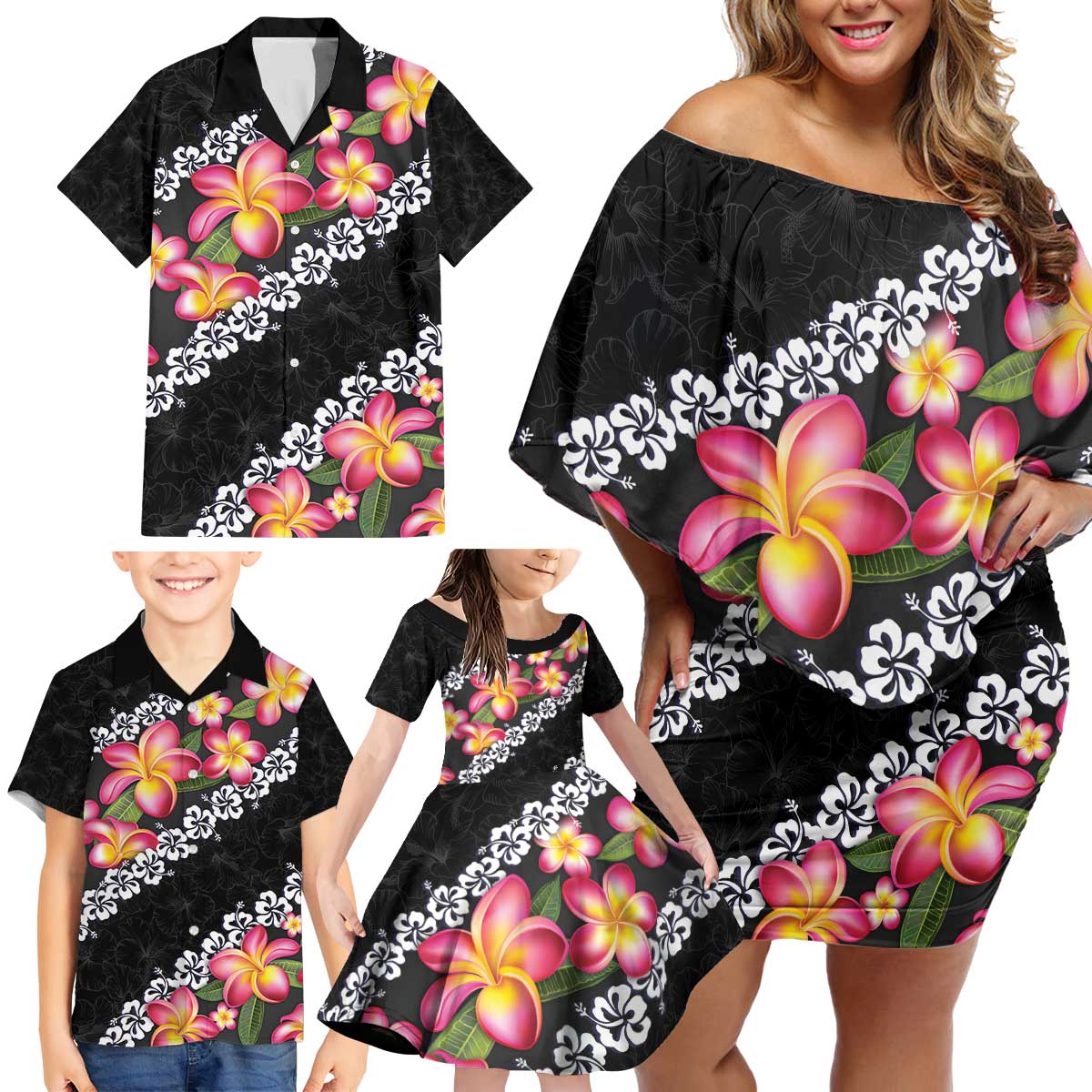 Black Polynesia Family Matching Off Shoulder Short Dress and Hawaiian Shirt Plumeria With Hibiscus Pattern Tropical Vibes