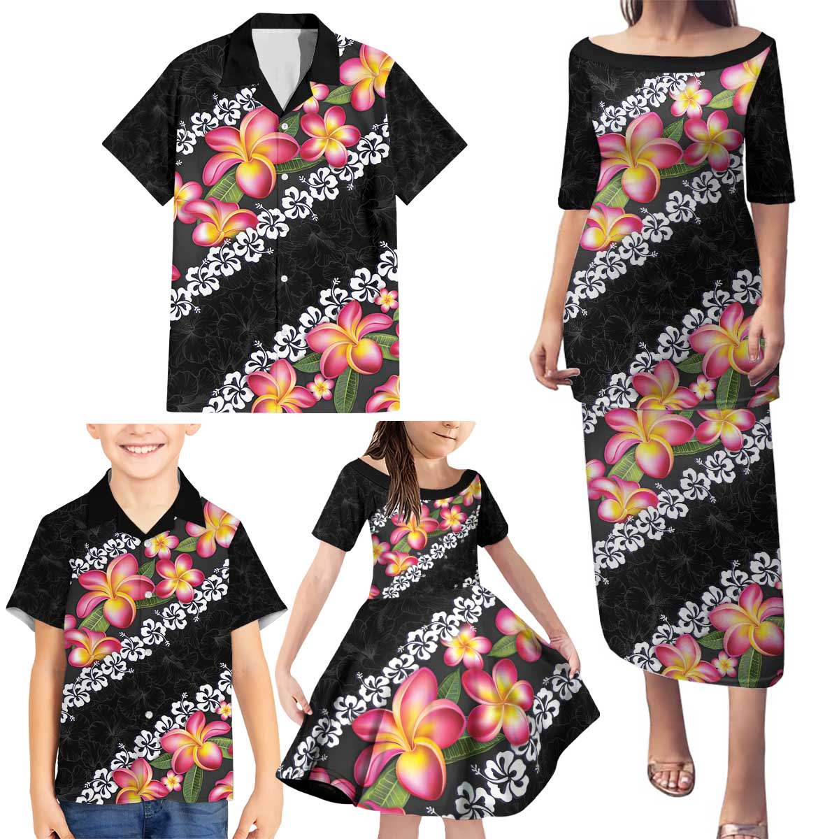 Black Polynesia Family Matching Puletasi and Hawaiian Shirt Plumeria With Hibiscus Pattern Tropical Vibes LT14 - Polynesian Pride