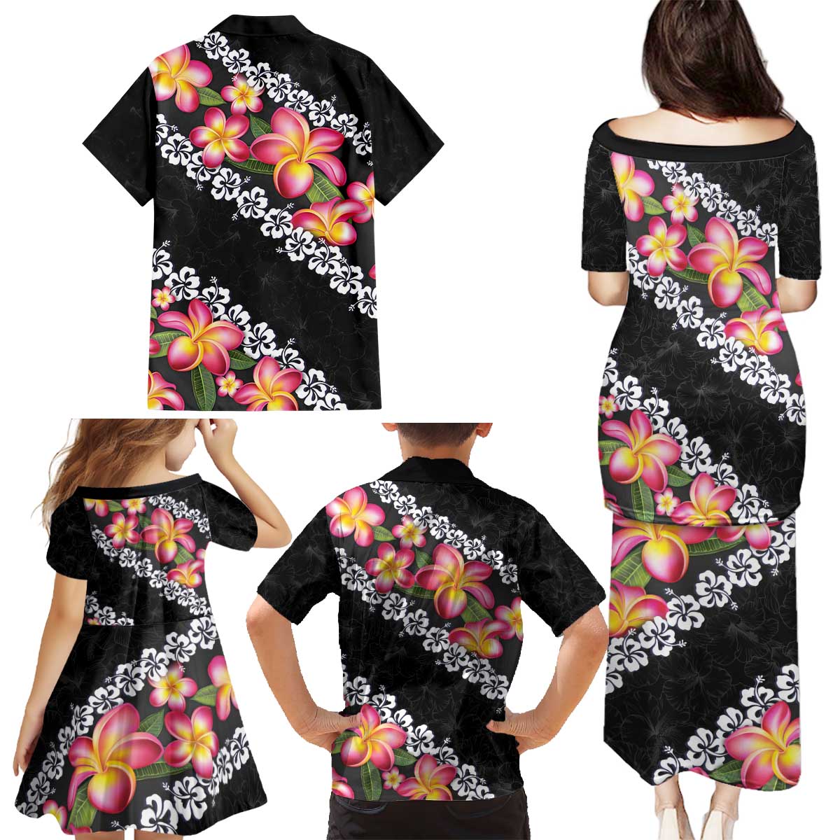 Black Polynesia Family Matching Puletasi and Hawaiian Shirt Plumeria With Hibiscus Pattern Tropical Vibes LT14 - Polynesian Pride