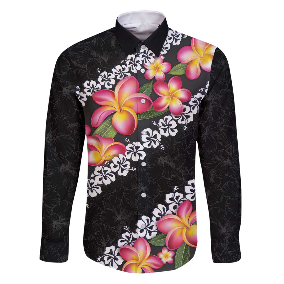 Black Polynesia Family Matching Puletasi and Hawaiian Shirt Plumeria With Hibiscus Pattern Tropical Vibes LT14 Dad's Shirt - Long Sleeve Black - Polynesian Pride