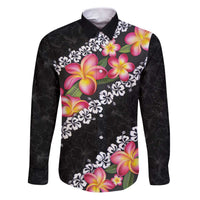 Black Polynesia Family Matching Puletasi and Hawaiian Shirt Plumeria With Hibiscus Pattern Tropical Vibes LT14 Dad's Shirt - Long Sleeve Black - Polynesian Pride