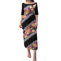 Black Polynesia Family Matching Puletasi and Hawaiian Shirt Plumeria With Hibiscus Pattern Tropical Vibes LT14 Mom's Dress Black - Polynesian Pride