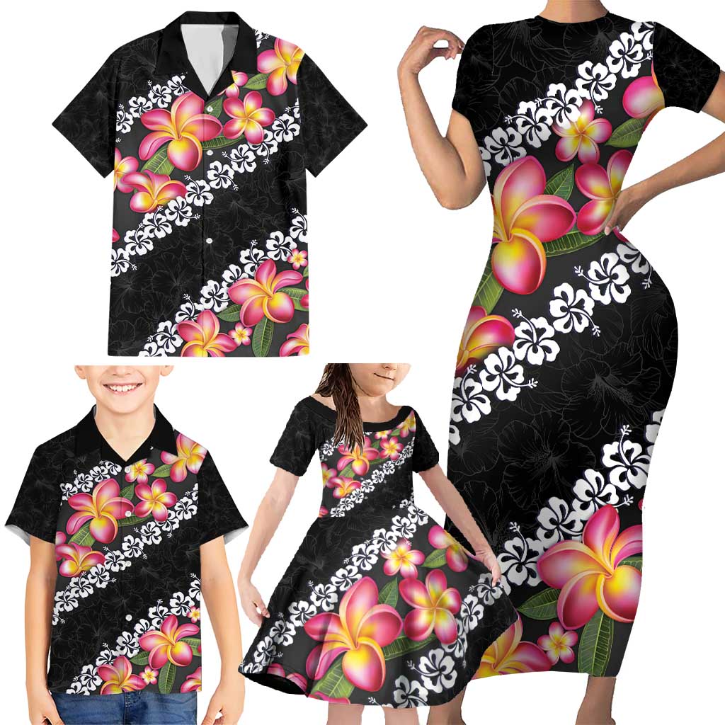 Black Polynesia Family Matching Short Sleeve Bodycon Dress and Hawaiian Shirt Plumeria With Hibiscus Pattern Tropical Vibes