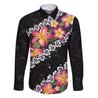 Black Polynesia Family Matching Summer Maxi Dress and Hawaiian Shirt Plumeria With Hibiscus Pattern Tropical Vibes LT14 Dad's Shirt - Long Sleeve Black - Polynesian Pride