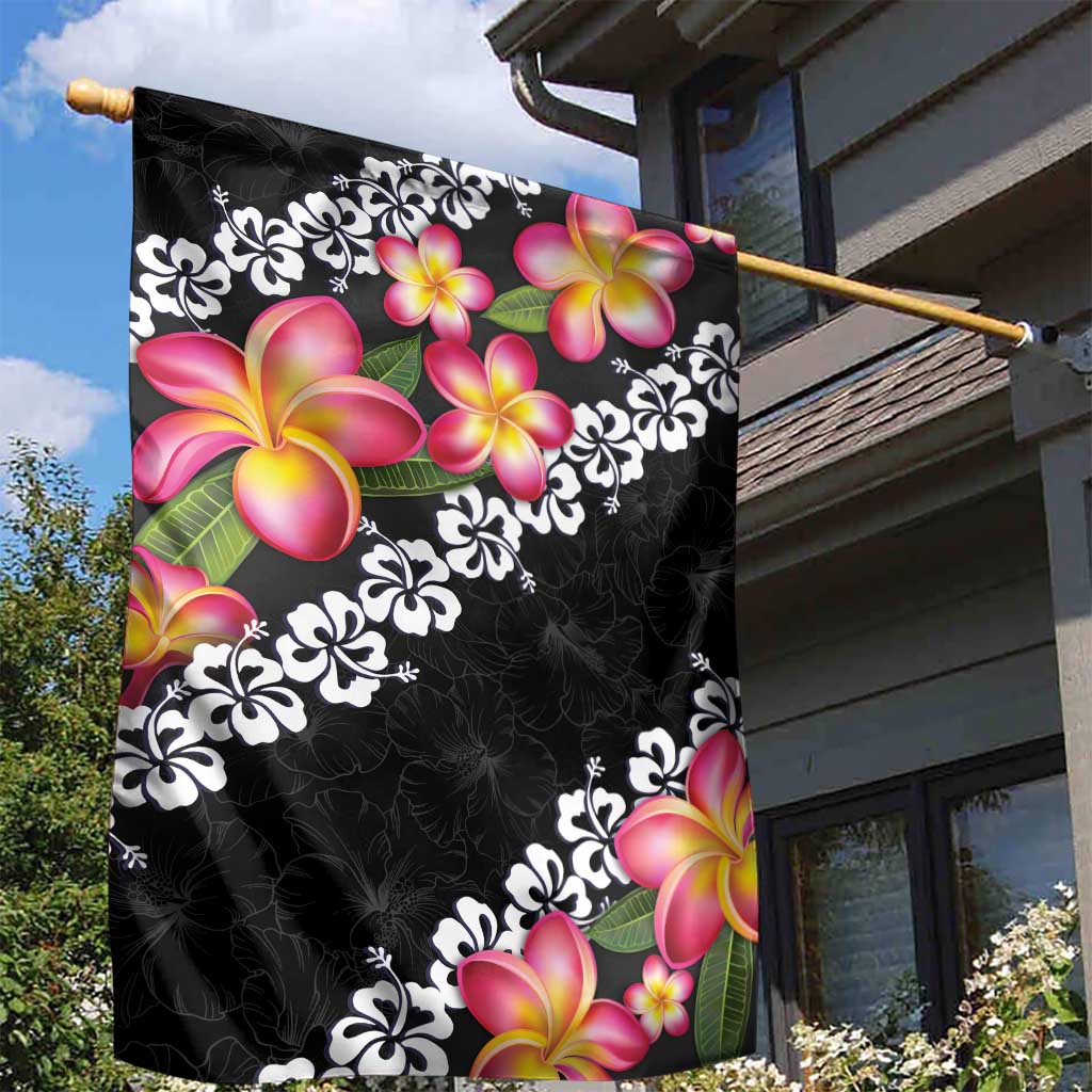Black Polynesia Garden Flag Plumeria With Hibiscus Pattern Tropical Vibes LT14 - Polynesian Pride