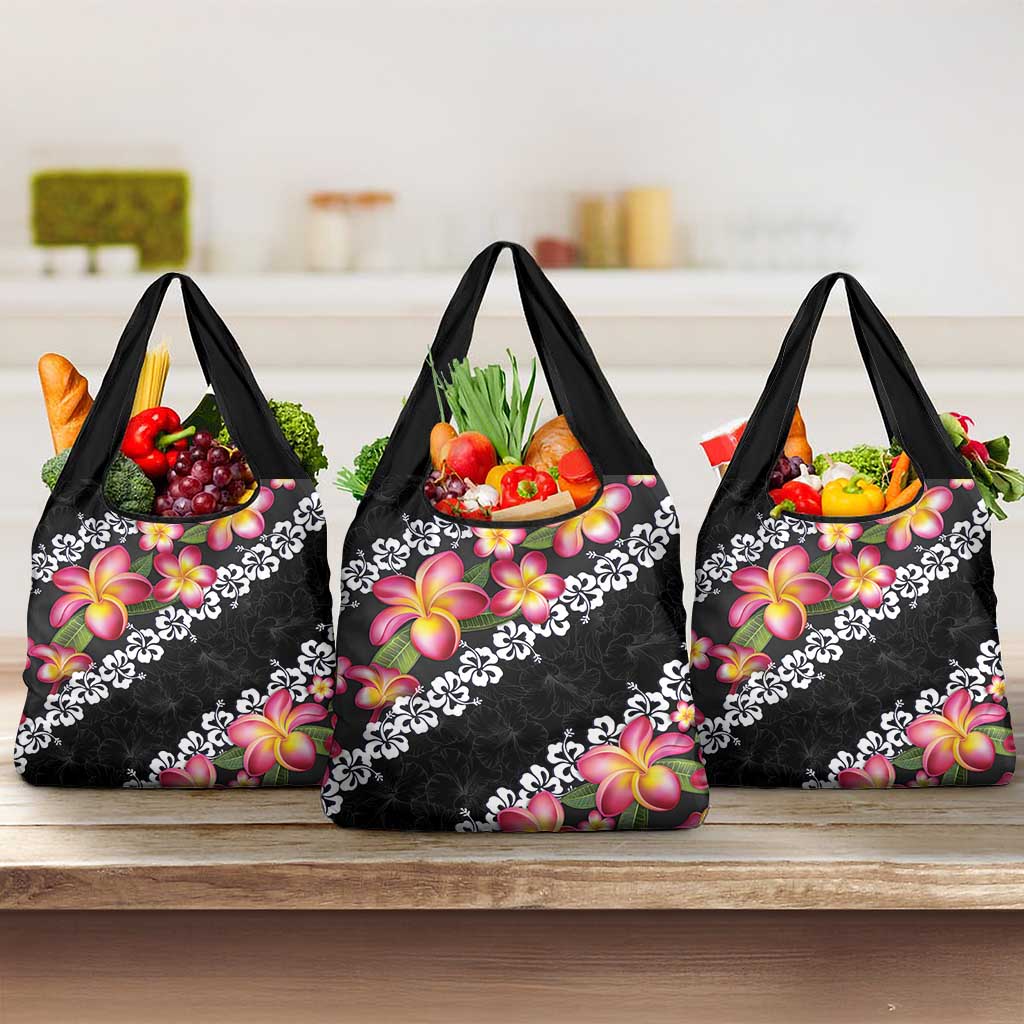 Black Polynesia Grocery Bag Plumeria With Hibiscus Pattern Tropical Vibes LT14 3-pack One Size Black - Polynesian Pride