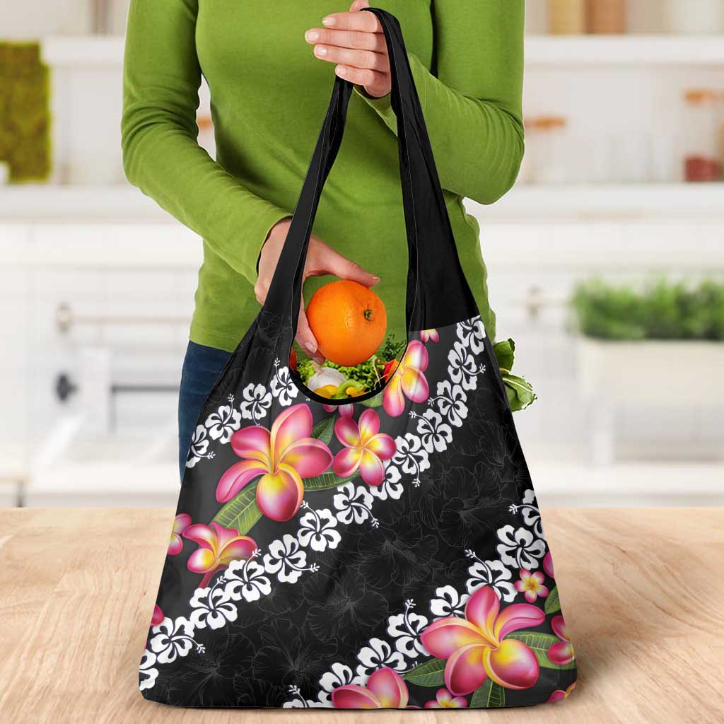 Black Polynesia Grocery Bag Plumeria With Hibiscus Pattern Tropical Vibes LT14 - Polynesian Pride