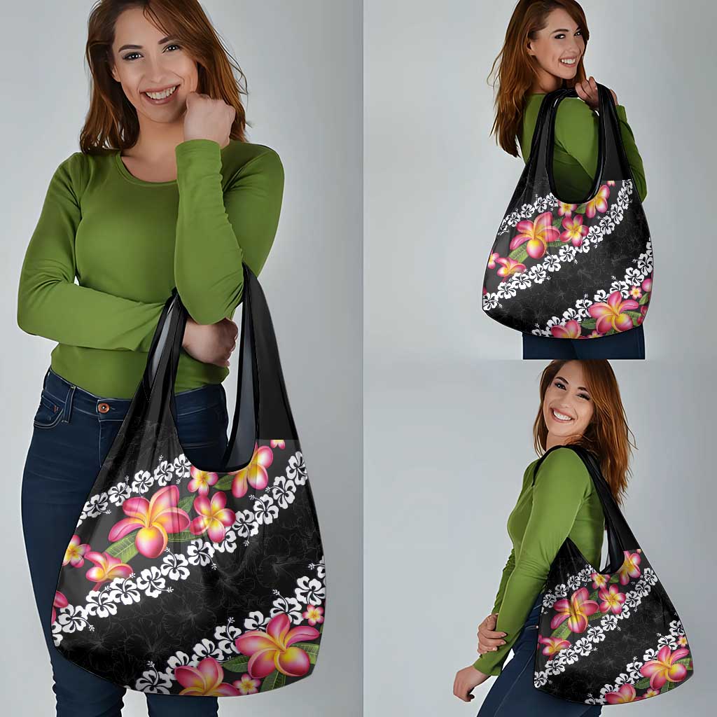 Black Polynesia Grocery Bag Plumeria With Hibiscus Pattern Tropical Vibes LT14 - Polynesian Pride