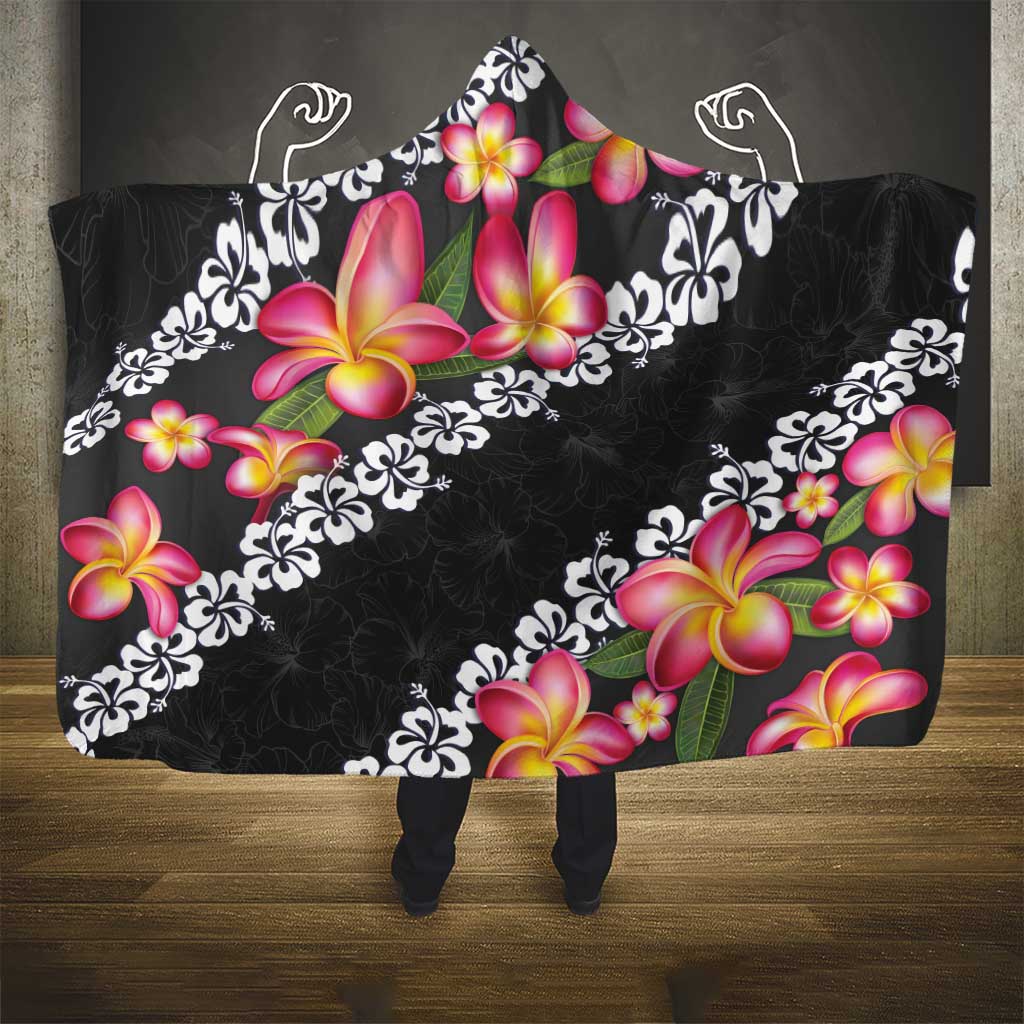 Black Polynesia Hooded Blanket Plumeria With Hibiscus Pattern Tropical Vibes LT14 - Polynesian Pride