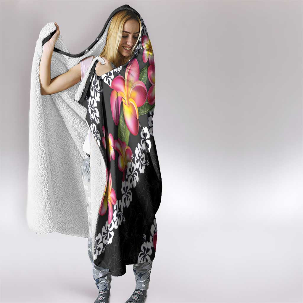 Black Polynesia Hooded Blanket Plumeria With Hibiscus Pattern Tropical Vibes LT14 - Polynesian Pride