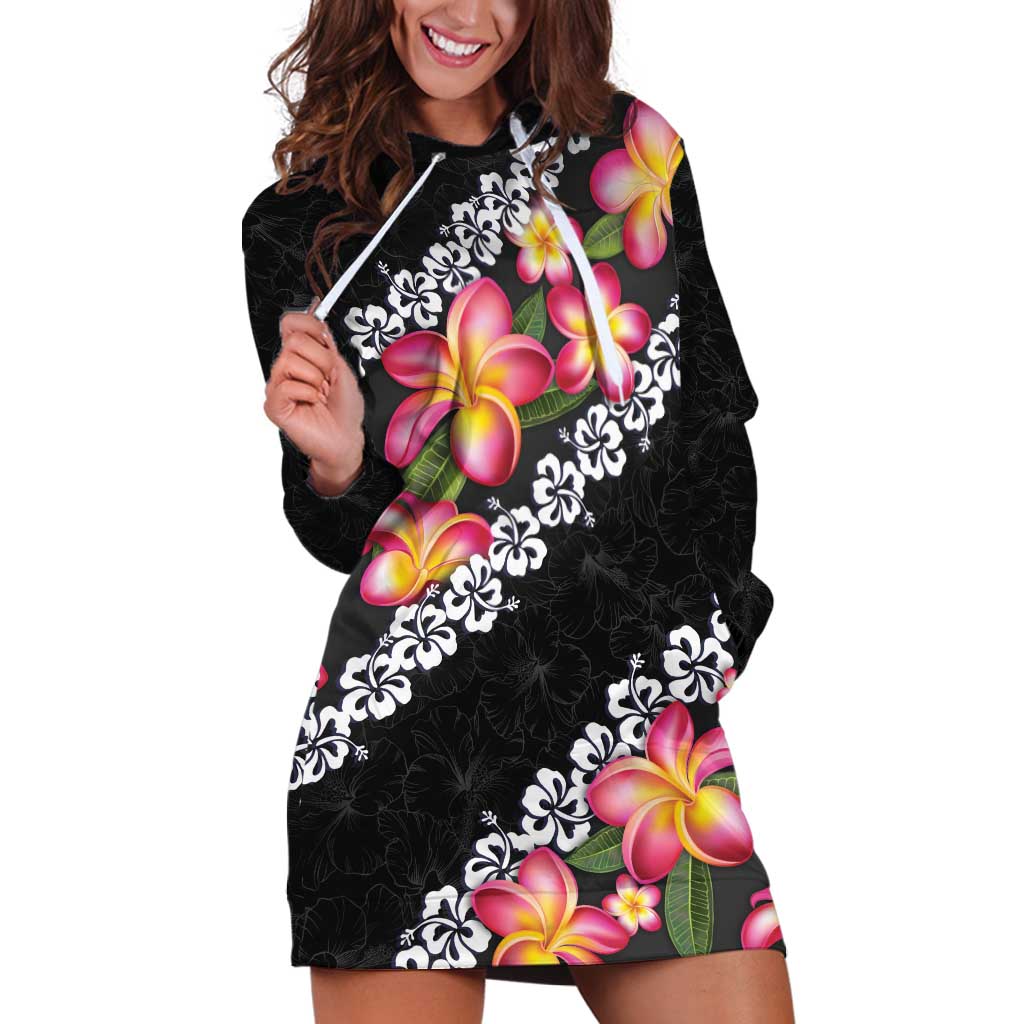 Black Polynesia Hoodie Dress Plumeria With Hibiscus Pattern Tropical Vibes LT14 Black - Polynesian Pride