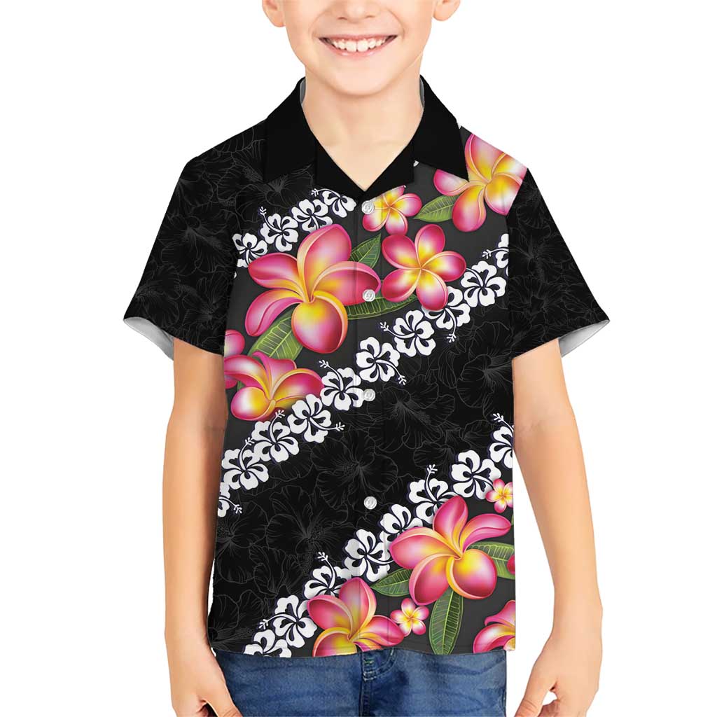 Black Polynesia Kid Hawaiian Shirt Plumeria With Hibiscus Pattern Tropical Vibes