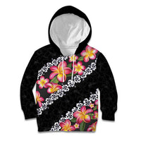 Black Polynesia Kid Hoodie Plumeria With Hibiscus Pattern Tropical Vibes