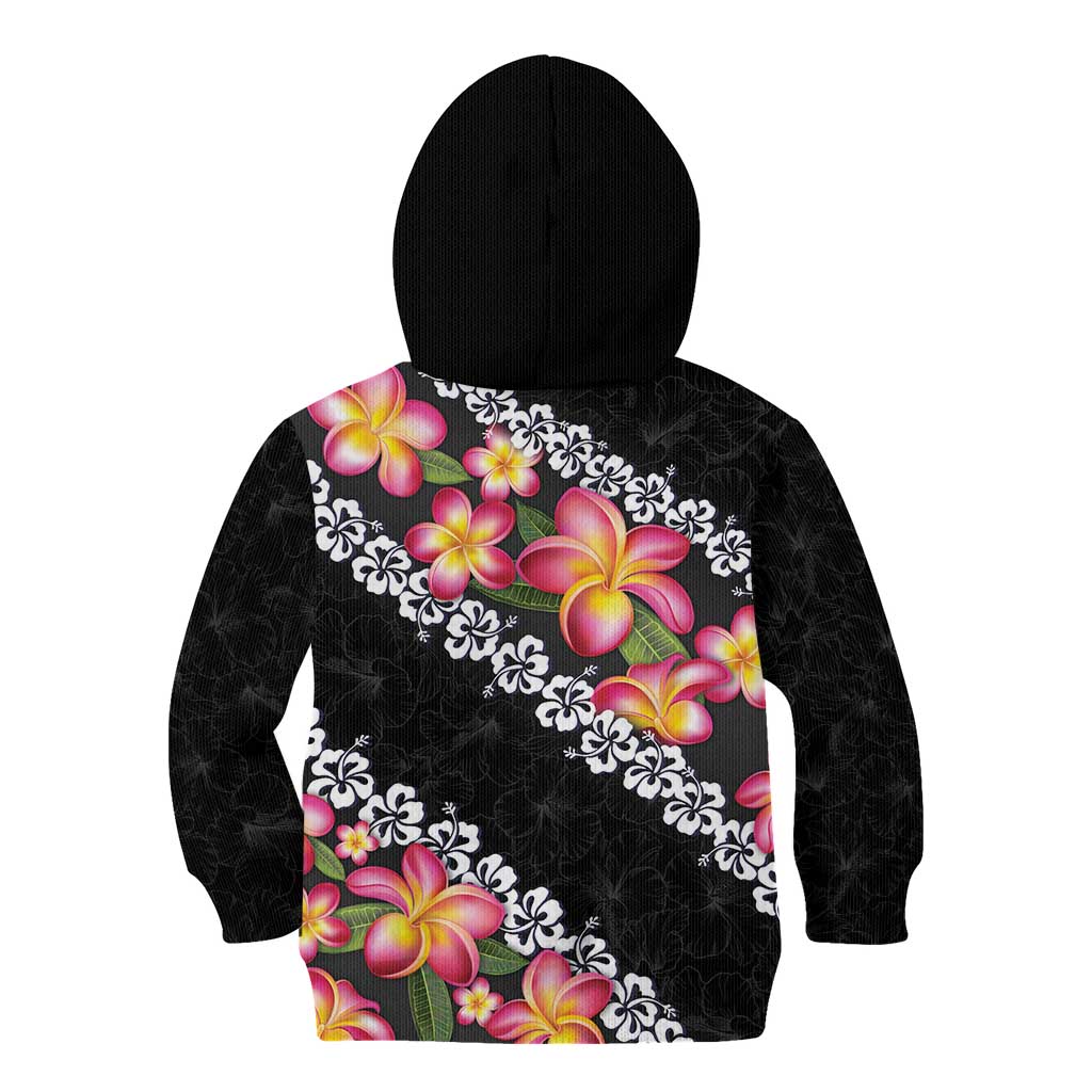 Black Polynesia Kid Hoodie Plumeria With Hibiscus Pattern Tropical Vibes