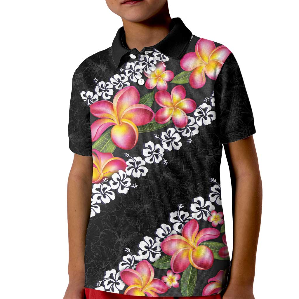 Black Polynesia Kid Polo Shirt Plumeria With Hibiscus Pattern Tropical Vibes