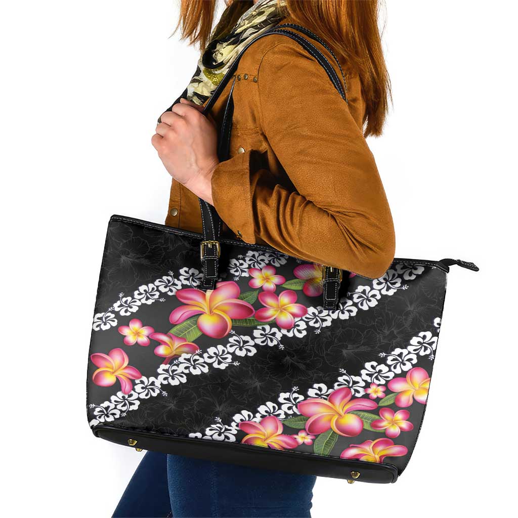 Black Polynesia Leather Tote Bag Plumeria With Hibiscus Pattern Tropical Vibes