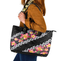 Black Polynesia Leather Tote Bag Plumeria With Hibiscus Pattern Tropical Vibes LT14 Black - Polynesian Pride