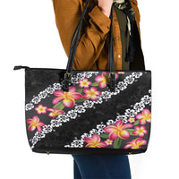 Black Polynesia Leather Tote Bag Plumeria With Hibiscus Pattern Tropical Vibes LT14 - Polynesian Pride