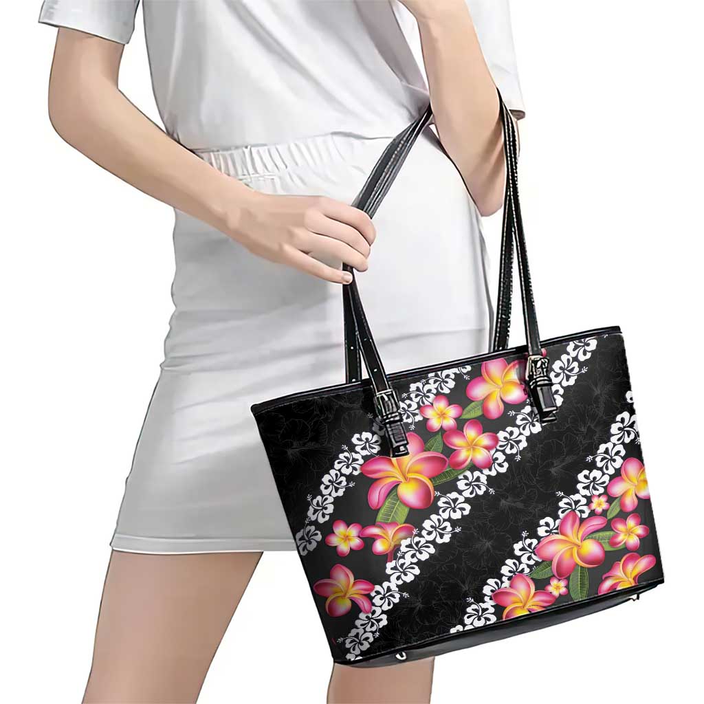 Black Polynesia Leather Tote Bag Plumeria With Hibiscus Pattern Tropical Vibes LT14 - Polynesian Pride