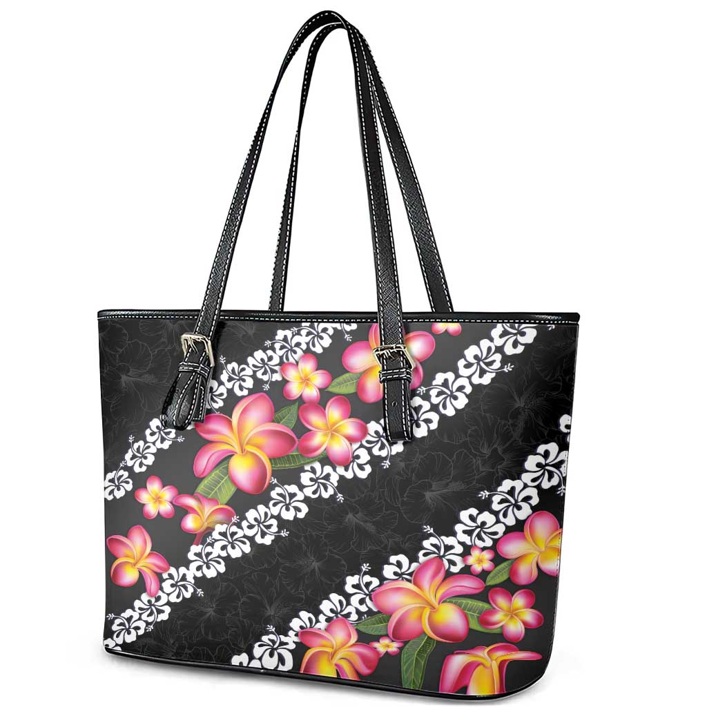 Black Polynesia Leather Tote Bag Plumeria With Hibiscus Pattern Tropical Vibes LT14 - Polynesian Pride