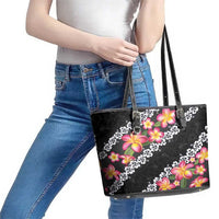 Black Polynesia Leather Tote Bag Plumeria With Hibiscus Pattern Tropical Vibes LT14 - Polynesian Pride