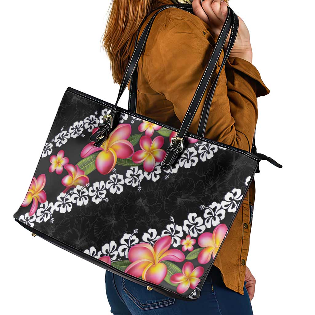 Black Polynesia Leather Tote Bag Plumeria With Hibiscus Pattern Tropical Vibes LT14 - Polynesian Pride