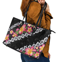 Black Polynesia Leather Tote Bag Plumeria With Hibiscus Pattern Tropical Vibes LT14 - Polynesian Pride